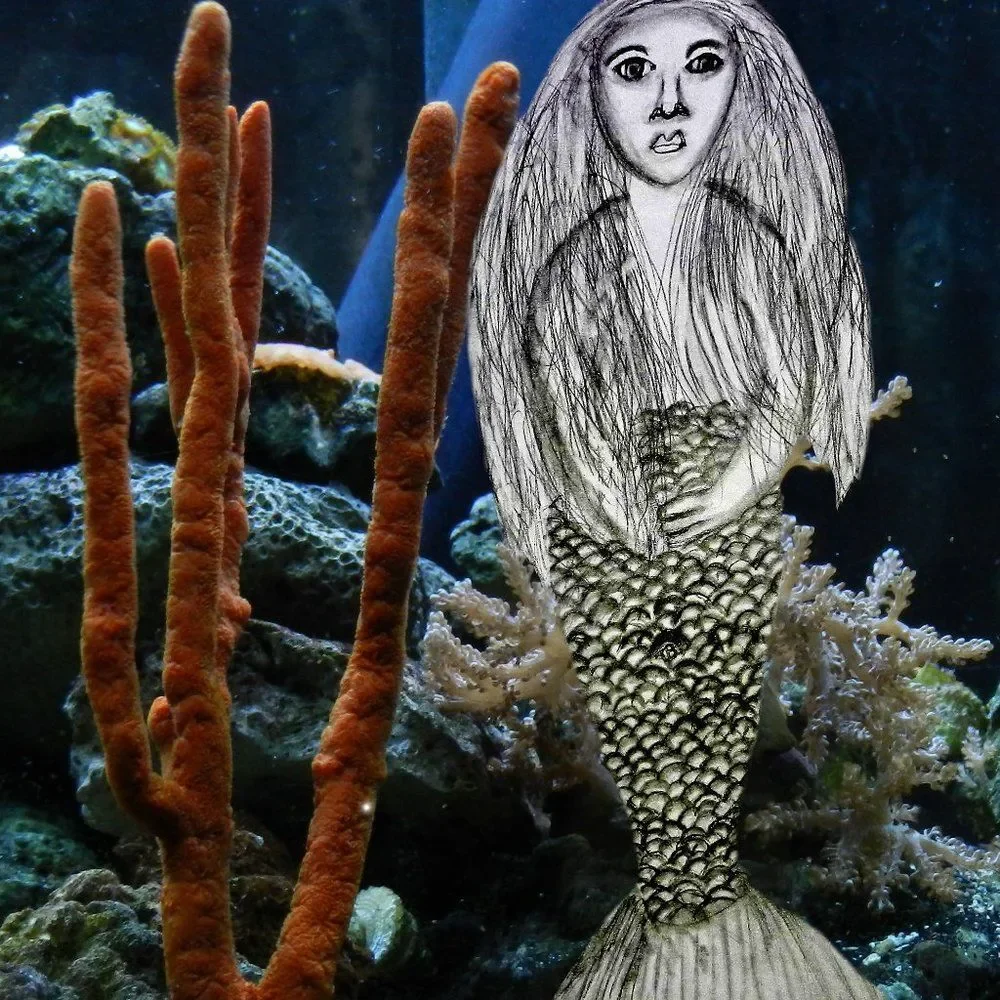 Hand Crafted Mermaid in Ocean Drawing Framed Art Print 8x10 Wall  Picture
